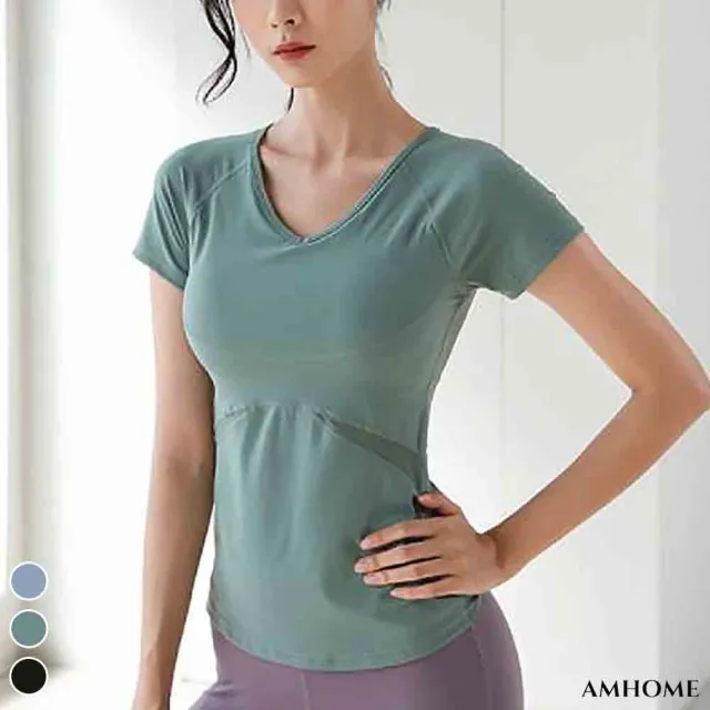 【Amhome】V領t恤女裸感速乾網紗跑步健身瑜伽超彈運動上衣#110241現貨+預購(3色)