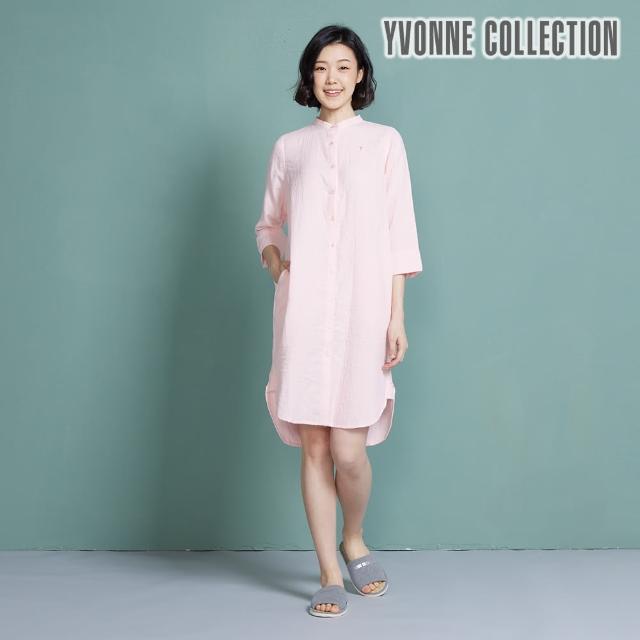 【YVONNE 以旺傢飾】雙層紗無領襯衫式長袖洋裝(淺粉)