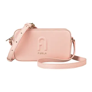 【FURLA 芙拉】FURLA RITA LOGO牛皮拉鍊斜背相機包(糖果玫瑰粉)