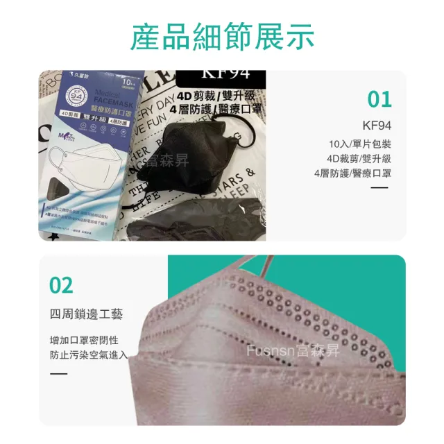 【久富餘】4D立體醫療口罩2盒(10片/盒)單片獨立包裝黑鑽石)4層防護KF94
