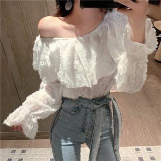 【BBHONEY】韓國羽毛花邊荷葉v領喇叭袖長袖綁帶甜美襯衫(網美必備款)