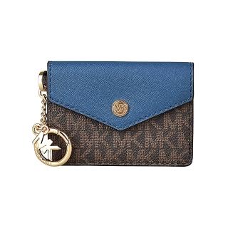 【Michael Kors】MICHAEL KORS KALA金字LOGO印花PVC拼接防刮牛皮卡片零錢包(棕x藍)