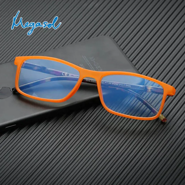 【MEGASOL】抗UV400濾藍光時尚男女仕中性老花眼鏡大框手機眼鏡(印花年輕炫彩矩方框-LSZ-0301)