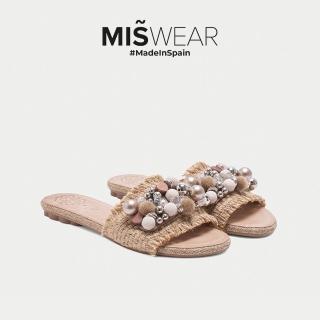 【MISWEAR】PORRONET 甜美珠飾一字平底涼鞋-裸膚