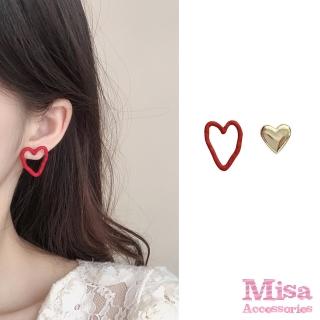 【MISA】韓國設計S925銀針幾何不對稱縷空桃心造型耳環(2色任選)