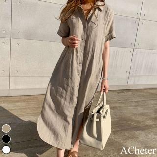 【ACheter】韓國狎鷗亭約會簡約棉麻短袖寬鬆襯衫長版洋裝#109181現貨+預購(2色)