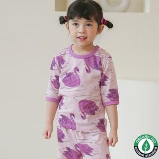 【Puco】正韓超優質嬰幼兒/兒童七分袖100% 有機純棉家居服/睡衣/家居套裝組 優雅天鵝(PC21-004)