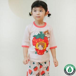 【Puco】正韓超優質嬰幼兒/兒童七分袖100% 有機純棉家居服/睡衣/家居套裝組 草莓倉鼠(PC21-014)