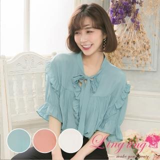 【lingling】V領口荷葉設計綁帶荷葉袖口五分短袖上衣PA4131(共三色)