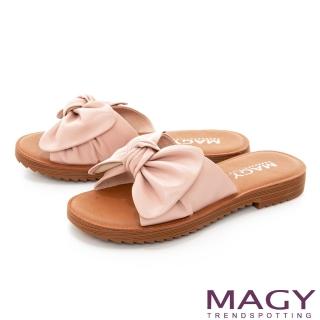 【MAGY】大蝴蝶結造型真皮平底 女 拖鞋(粉色)