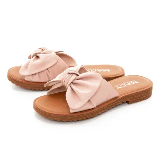【MAGY】大蝴蝶結造型真皮平底 女 拖鞋(粉色)