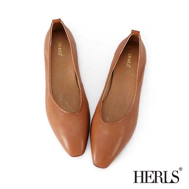 【HERLS】平底鞋-柔軟全真皮斜口素面小方頭平底鞋(棕色)