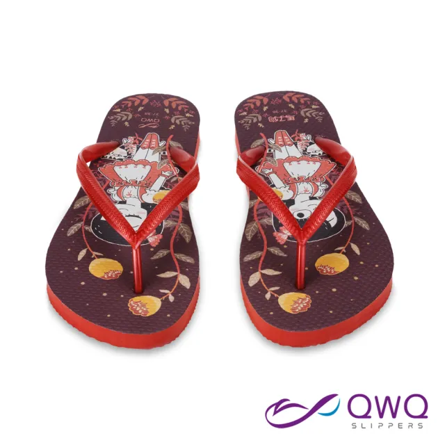 【QWQ】女款防水夾腳拖鞋 馬子狗聯名人字拖鞋 彈性防滑拖鞋雨鞋 深色紅 玫瑰紅 MIT(AIMZ00101)