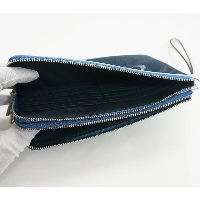 【COACH】COACH印花LOGO滾邊設計帆布拉鍊手拿包(丹寧藍x水藍)