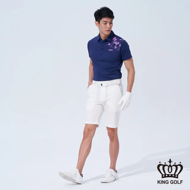 【KING GOLF】速達-男款數位三角幾何開襟POLO衫/高爾夫球衫(藍色)