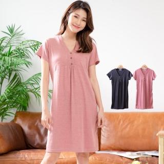 【衣心衣意中大尺碼】現貨MIT-V領素面排釦寬鬆洋裝(黑色 紅色A1340)