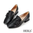 【HERLS】樂福鞋-全真皮復古方釦方頭低跟樂福鞋(黑色)