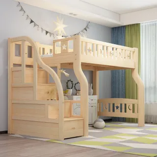 【HABABY】兒童高架床 升級上漆裸 階梯款-標準單人床型尺寸(兒童架高床、標準單人床型床架、上漆版)