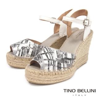 【TINO BELLINI 貝里尼】西班牙進口清新銀白繫踝草編楔型涼鞋FPT0005(白)