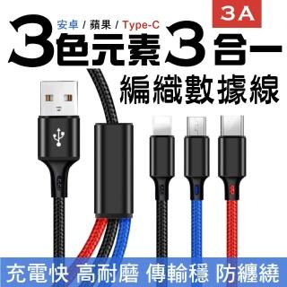 【翊承】3.0A三色元素三合一編織一米快充線Lightning TYPE C MicroUSB