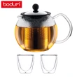 【Bodum】壓濾式茶壺-500cc/不鏽鋼蓋+雙層玻璃杯組80cc