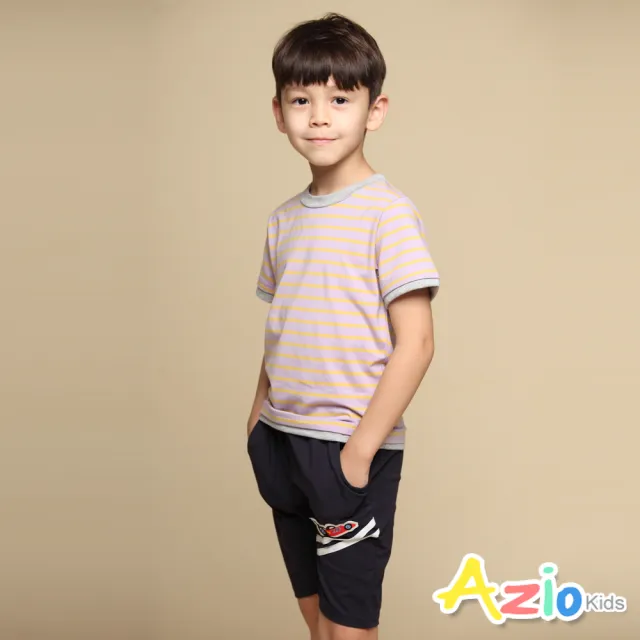 【Azio Kids 美國派】男童  短褲 跑車貼布棉質運動短褲(藍)