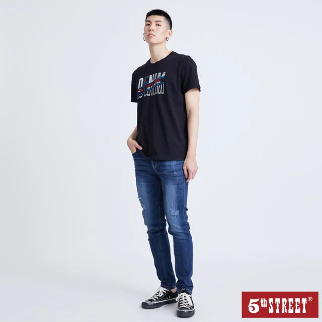 【5th STREET】男裝 短袖 短t 上衣 t恤 TEE logo 切割 棉質 黑色(570857)
