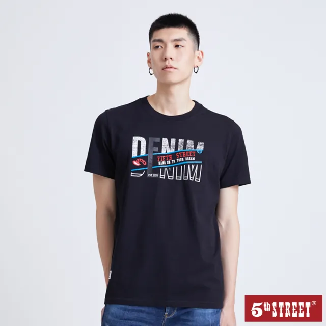 【5th STREET】男裝 短袖 短t 上衣 t恤 TEE logo 切割 棉質 黑色(570857)