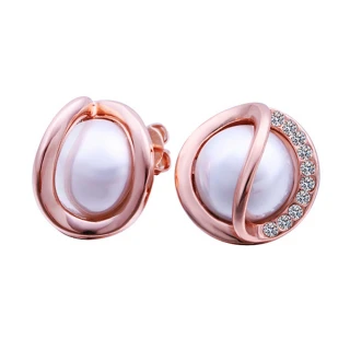 【Aphrodite 愛芙晶鑽】球型鑲鑽金具造型珍珠耳環(玫瑰金色)