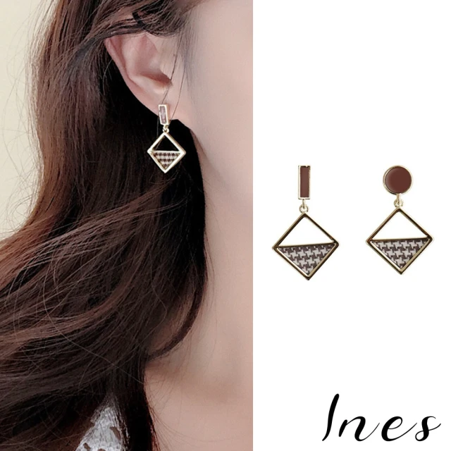 【INES】韓國設計S925銀針復古幾何不對稱形狀格子布拼接造型耳環