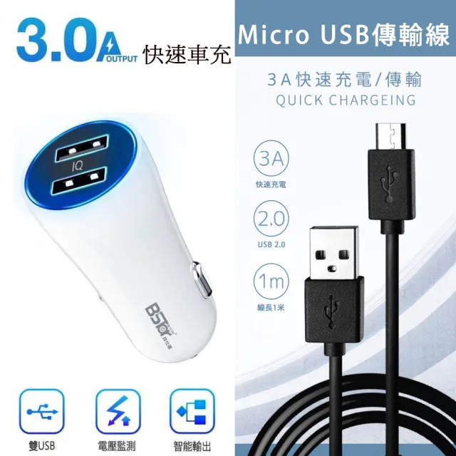 【BStar】3A雙孔LED智能快速車充(+Micro USB 傳輸充電線 1M)