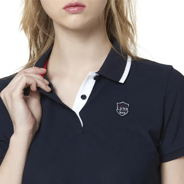 【Lynx Golf】korea 女款星星圖案配色領片短袖POLO衫/高爾夫球衫(深藍色)