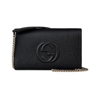 【GUCCI 古馳】GUCCI SOHO雙G立體LOGO荔枝紋牛皮6卡釦式手拿斜背長夾包(黑)