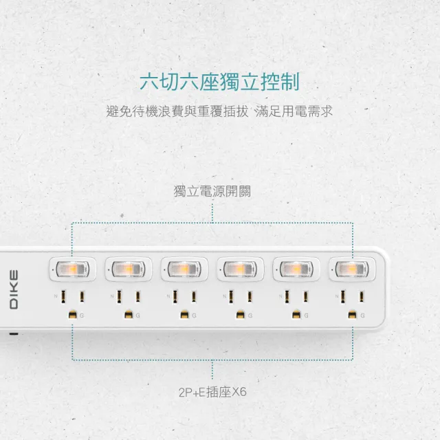 【DIKE】六開六插  防火抗雷擊 延長線-4尺/1.2M(DAH664WT)