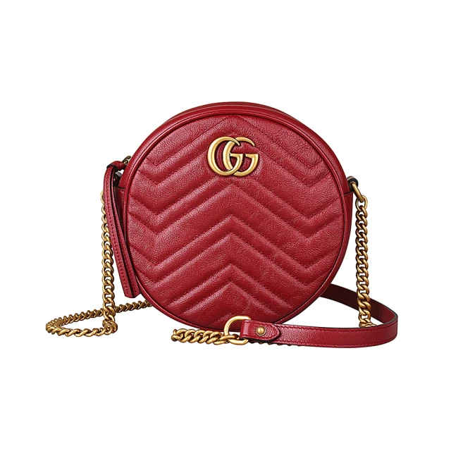 GUCCI 古馳 GUCCI MARMONT金字LOGO愛心車線W字紋牛皮圓形拉鍊鏈帶斜背包(紅)