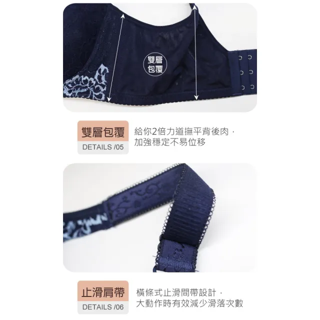 【Daima 黛瑪】無鋼圈V型B-D性感調整型刺繡蕾絲內衣(深藍色)