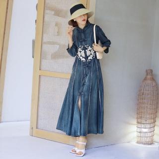 【米蘭精品】現貨+預購 連身裙改良式旗袍(刺繡牛仔七分袖單排扣女裙子74ad44)
