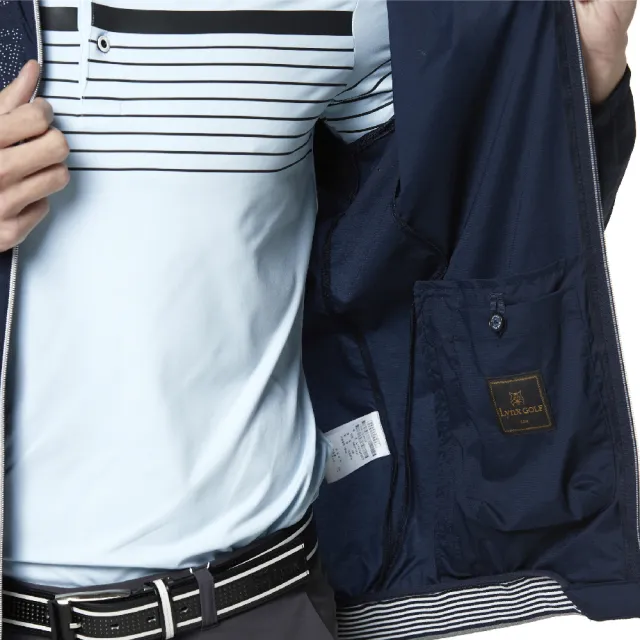 【Lynx Golf】korea 男款透氣沖孔設計拉鍊口袋長袖外套(深藍色)
