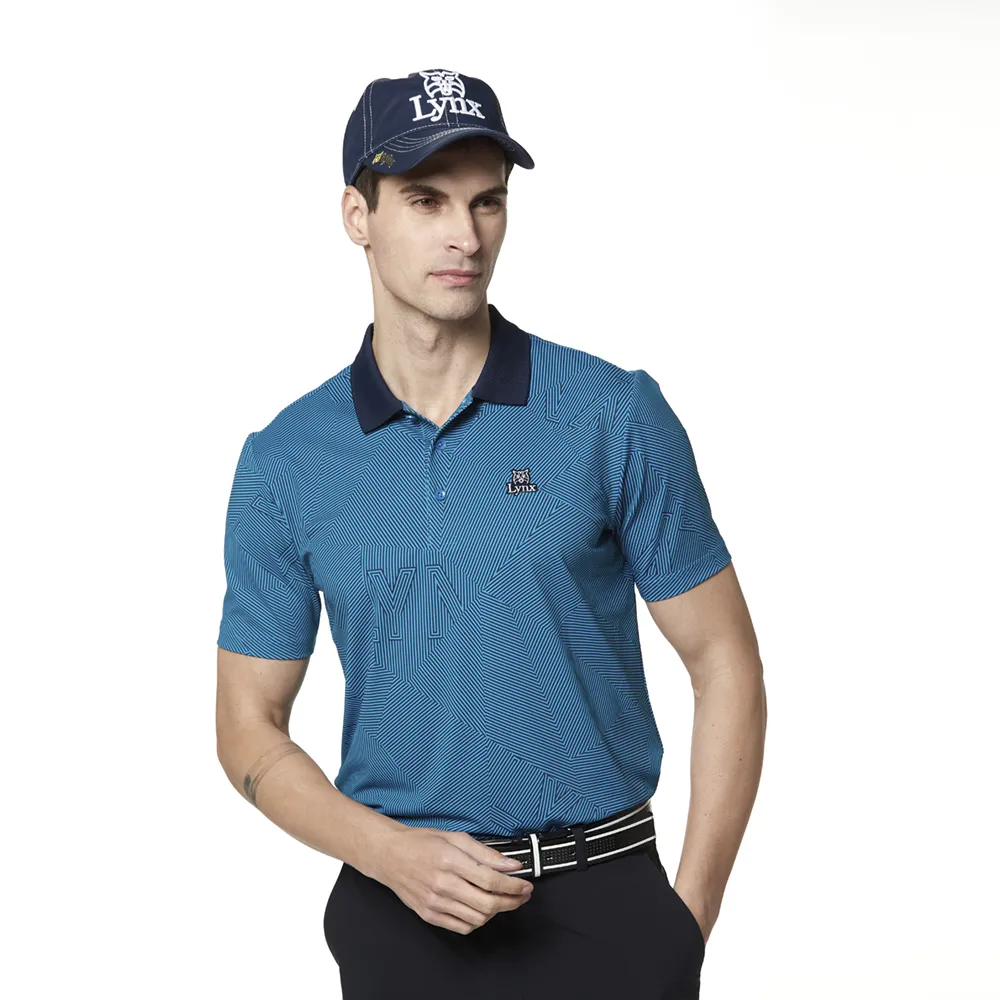 【Lynx Golf】korea 男款滿版幾何印花山貓繡花短袖POLO衫/高爾夫球衫(藍色)