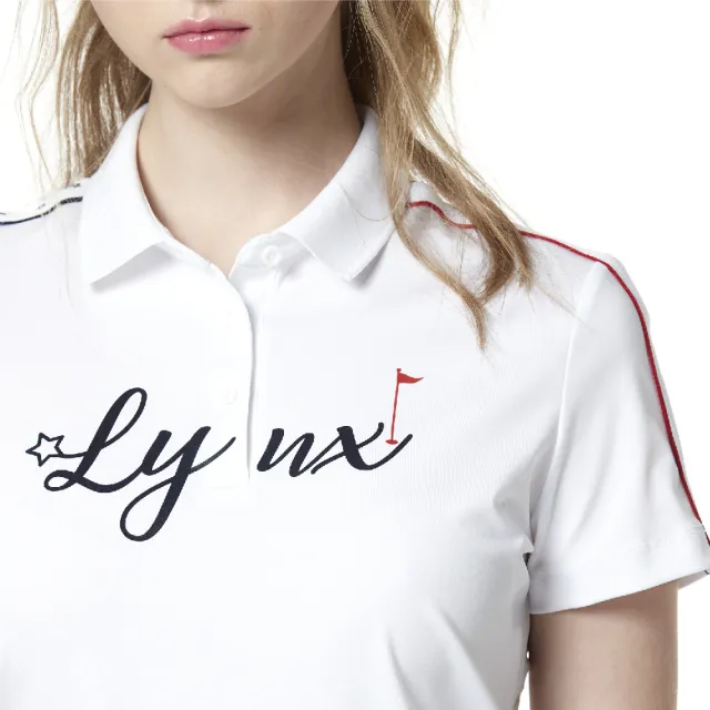 【Lynx Golf】korea 女款兩肩織標設計Lynx字樣印花短袖POLO衫/高爾夫球衫(白色)