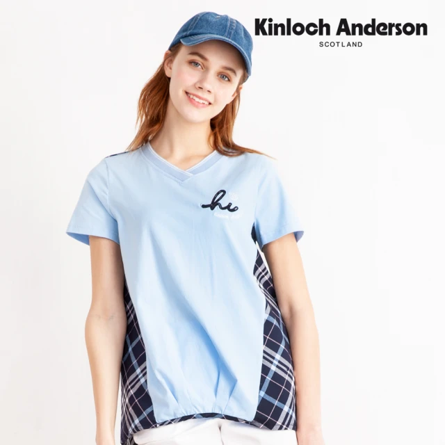 Kinloch Anderson 格紋拼接素面V領短袖上衣 金安德森女裝(KA1083017 藍/黑)