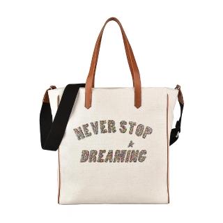 【GOLDEN GOOSE】GOLDEN GOOSE NEVER STOP DREAMING黑字LOGO亮片設計帆布肩背斜揹包(米)