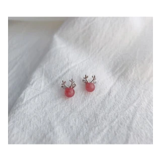 【HaNA 梨花】韓國極簡．俏皮可愛小鹿角耳環紅色草莓晶耳環