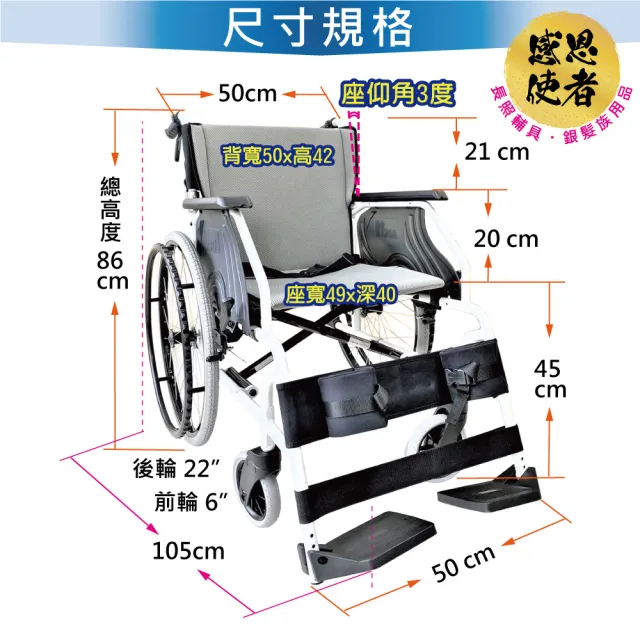 【感恩使者】輪椅-輕量型 強化結構、穩定安全、輕鬆收合 ZHTW2115(符合輪椅B款補助)