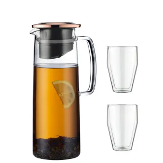 【Bodum】玻璃冷水瓶杯組-含濾網過濾器/玫瑰金色上蓋-1200cc/350cc