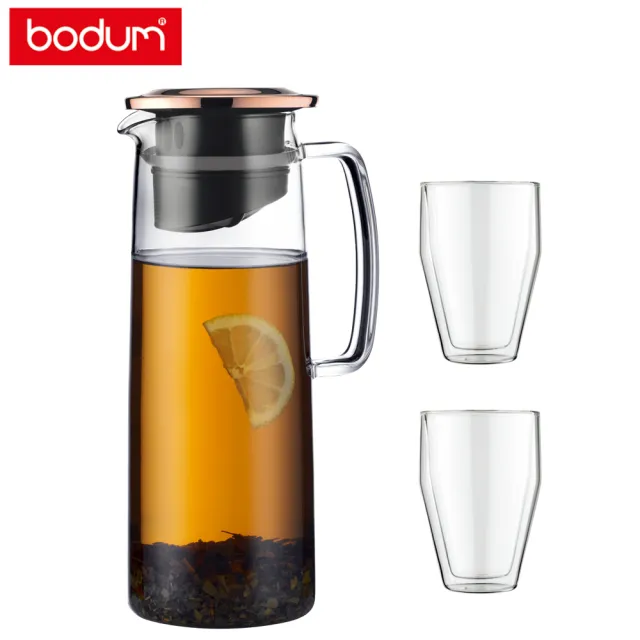 【Bodum】玻璃冷水瓶杯組-含濾網過濾器/玫瑰金色上蓋-1200cc/350cc