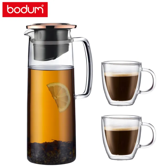 【Bodum】玻璃冷水瓶杯組-含濾網過濾器/玫瑰金色上蓋-1200cc/300cc