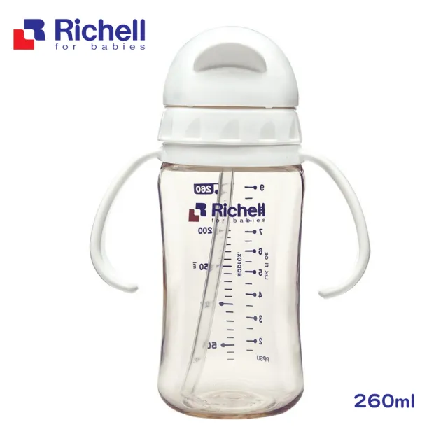 【Richell 利其爾】官方授權_ PPSU吸管哺乳瓶 260ML - 白(也可當水杯使用)