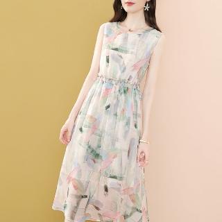 【FQ 時尚天后】無袖彩色潑墨雪紡印花抽繩洋裝(S-2XL)