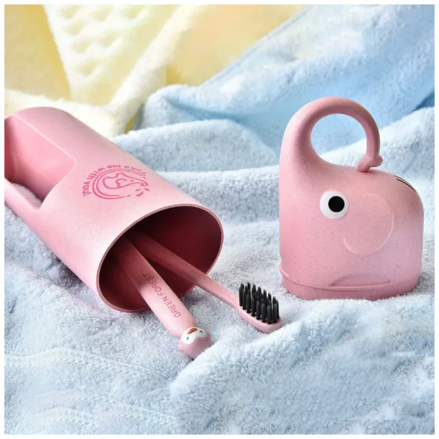 創意小麥纖維 大象造型旅行洗漱杯套組 盥洗用具 附隨機動物造型牙刷2隻 -藍色(大象造型洗漱杯套組)